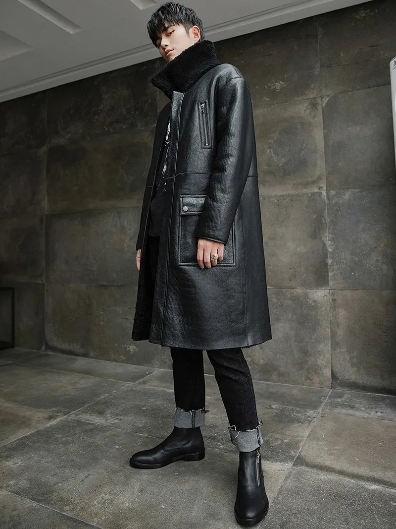 

Real Coat Long Winter Genuine Leather Jacket Men Sheep Shearling Natural Merino Wool Fur Coats Double-sided Wear 18281