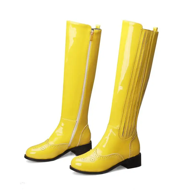 MNIXUAN/Женская обувь; Размеры 10; фиолетовые ботинки; коллекция года; новые модные зимние ботинки из лакированной кожи в готическом стиле на блочном каблуке; желтые высокие ботинки Bullock - Цвет: Yellow