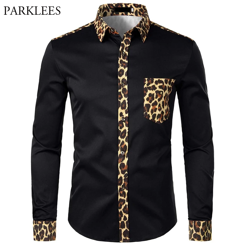 Printed Shirt Camisas Men Dress Long-Sleeve Leopard Mens Fashion-Brand Splice with Pocket