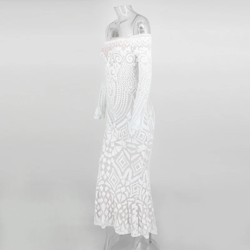 С открытыми плечами Макси белое длинное платье сетка Bodycon Sequin платье для женщин без бретелек Вечерние сексуальные летние платья Vestido