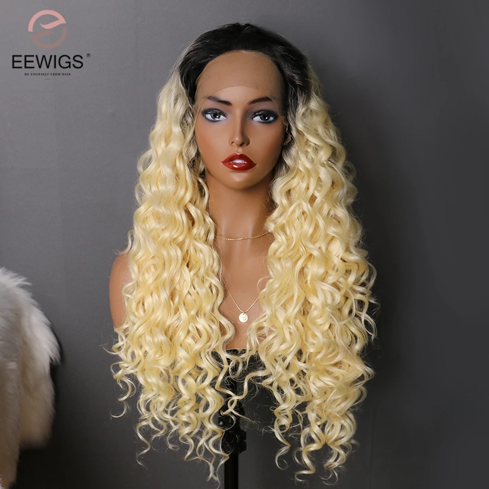 EEWIGS Ombre блонд парик 13X4 термостойкий синтетический парик с черными корнями двухцветные кудрявые парики для черных женщин