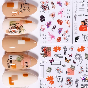 

Autumn Gold Face Image Abstract Girl Decals Nail Transfer 3D Stickers Leopard Pattern Black Sliders Adhesive Decoration