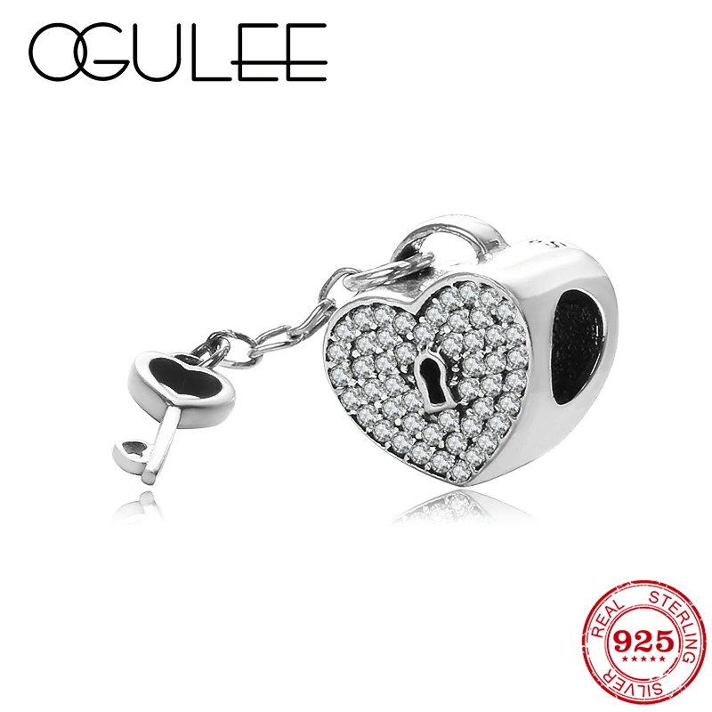 

For true love 925 Sterling Silver Heart shaped key and lock CZ beads Pendant Fit Original Pandora Charm Bracelet Jewelry making