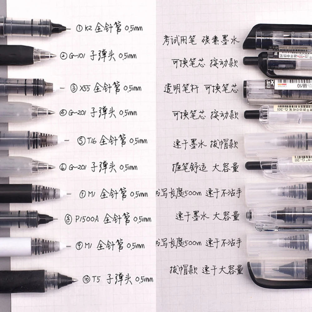 

10pcs Simple Quick Dry Press Gel 0.5mm Black Ink Straight Liquid Rollerball Pen Student Office Writing Stationery Supply
