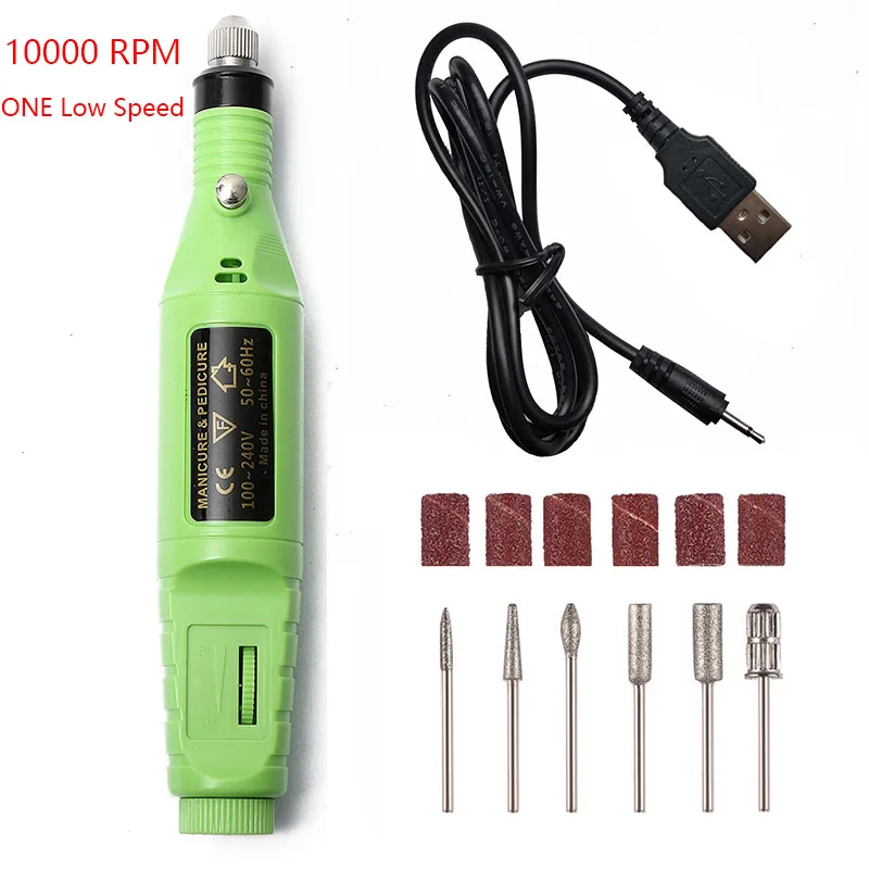 10000 One Sped green 1 комплект, 5 В, USB, один низкоскоростной электрический сверлильный станок для ногтей, маникюрный станок, пилка для дизайна ногтей, инструмент для сверления ногтей, аппарат для педикюра - Цвет: 10000 One Sped green