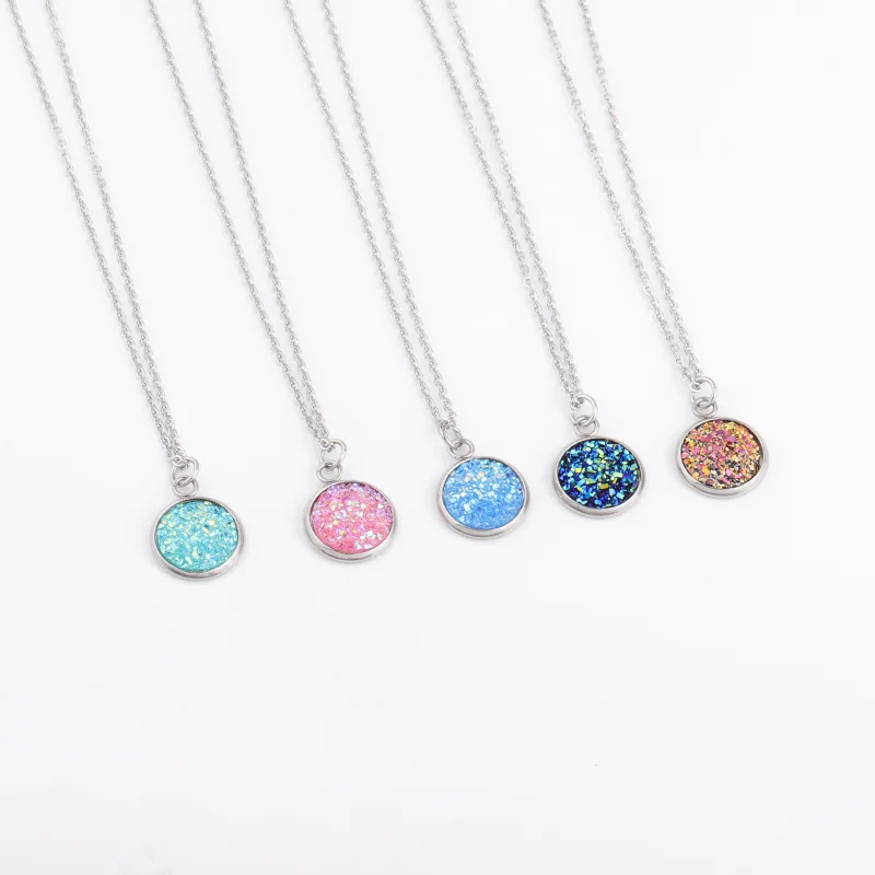 12 мм подвеска Druzy Drusy, ожерелья, ювелирные изделия из смолы, кабошон, нержавеющая сталь, подвеска, цепь для женщин, девушек, ювелирное изделие, подарок