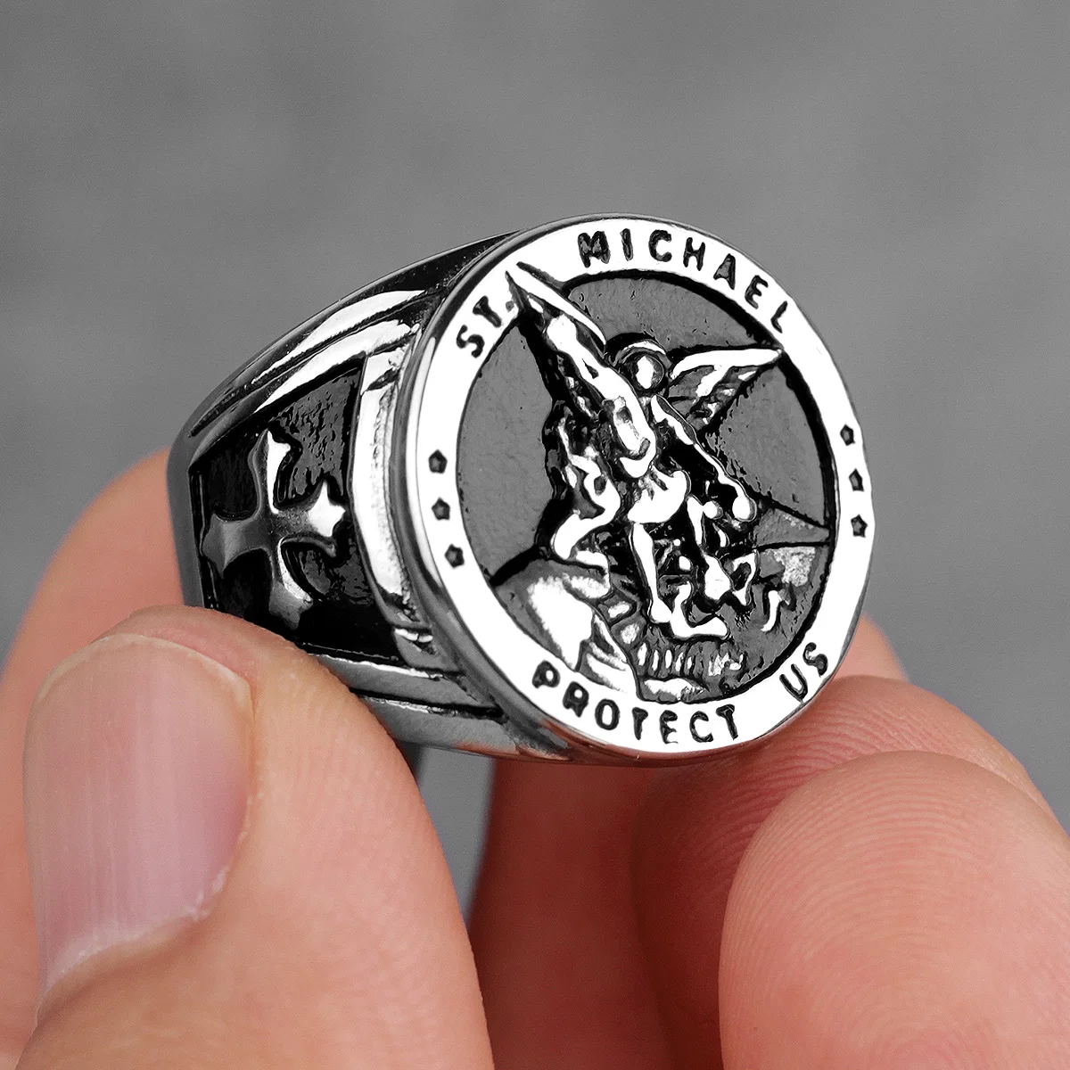 R062C-Silver 316L нержавеющая сталь St-Michael мужские кольца хороший талисман религиозная личность байкерское кольцо для мужчин мальчик модное ювелирное изделие подарок - Цвет основного камня: R062C-Silver