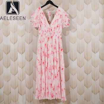 

AELESEEN Designer Fashion Vacation Autumn Dress For Women V-Neck Belt Pink Flowers Print Vintage Midi Pleated Dress Vestidos