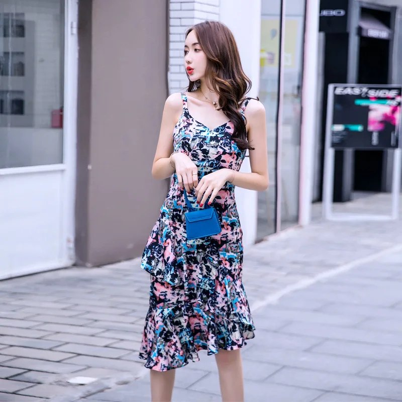 

WOMEN'S Dress 2018 Debutante Elegant Camisole Printed Slim Fit Sheath Irregular Flounced Dress Women's