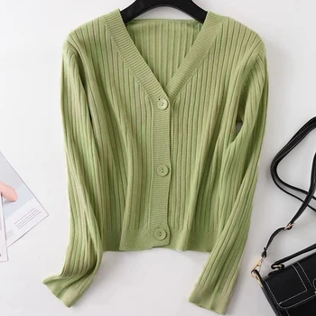 

Short Style Women Cardigan Sweater 2020 Spring Autumn Button Soft Cute Knitted Jacket Long Sleeve Coat Outwear Ladies Crop Tops