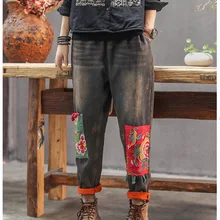 Для женщин джинсы осень-зима флисовые теплые джинсы с эластичной резинкой на талии джинсовые штаны Новая женская обувь, украшенная вышивкой в стиле пэчворк Повседневное брюки, подходящие для любого размера