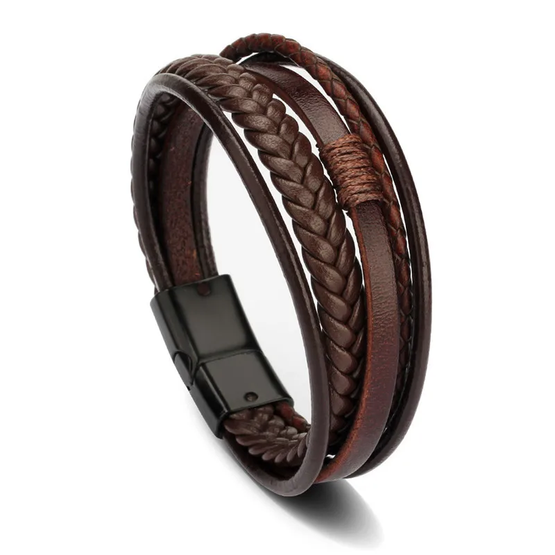 Charm Bracelet Genuine Leather Bracelets Fashion Men Stainless Steel 20CM Multilayer Braided Rope Bracelets for Male Female Jewelry Gifts