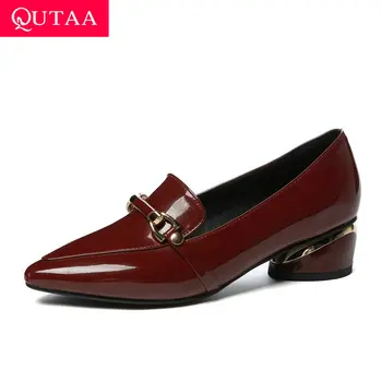 

QUTAA 2021 Metal Decoration PU Leather Quality Ladies Pumps Sexy Pointed Toe Square Middle Heel Women Single Shoes Size 34-43