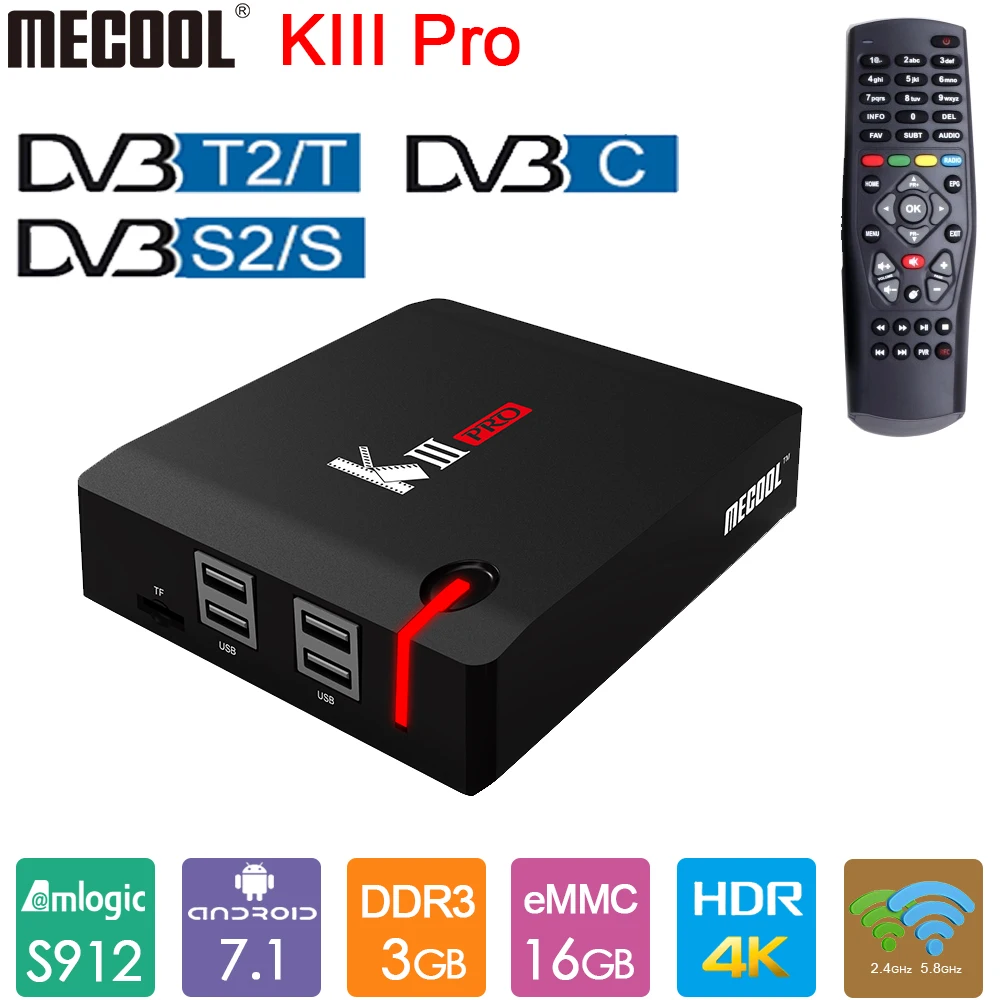  MECOOL KIII PRO Android TV Box DVB-T2 DVB-S2 Smart TV Box Amlogic S912 Octa Core 3GB DDR3 16GB 4K 2