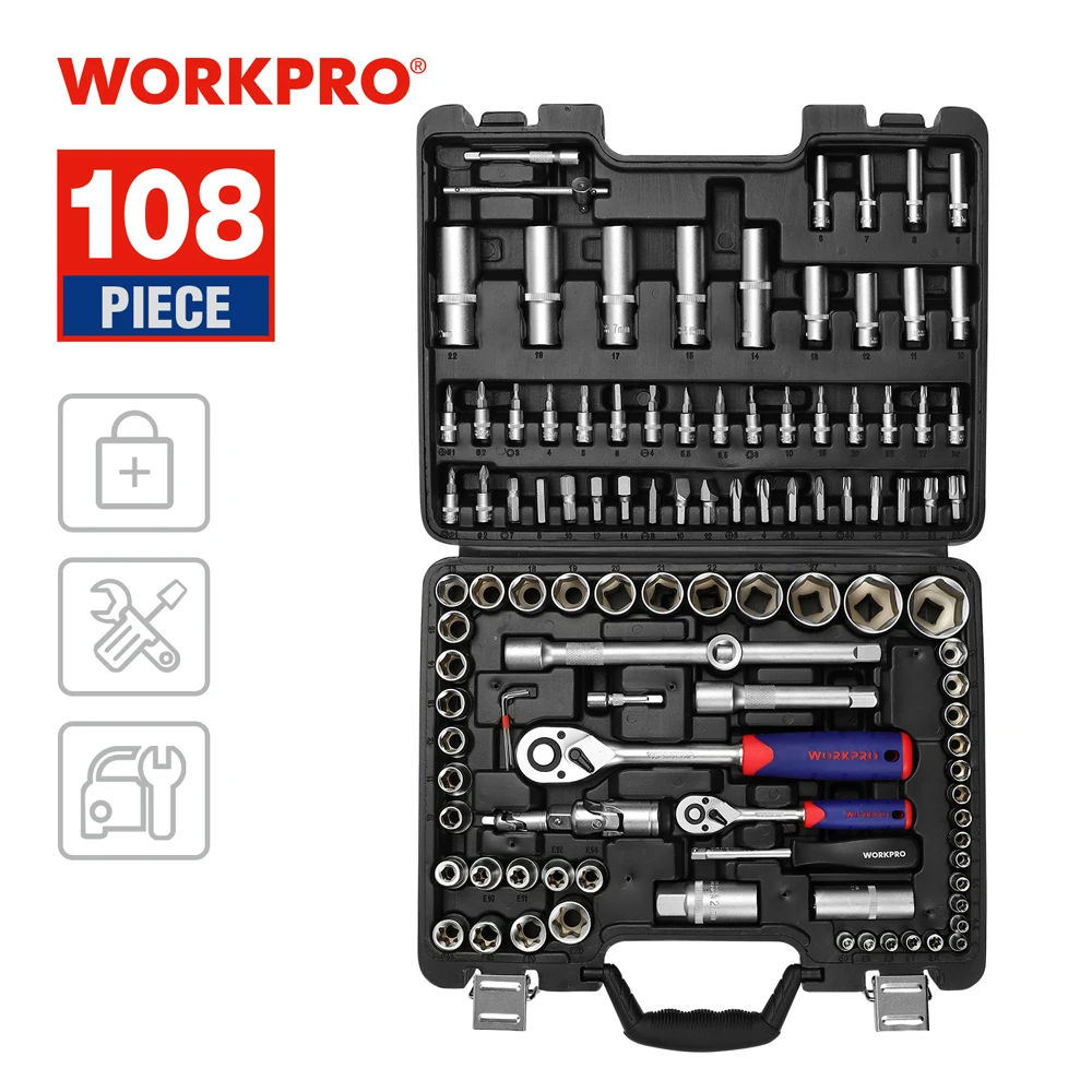 WORKPRO 108PC Tool Set for Car Repair Tools Mechanic Tool Set Matte Plating Sockets Set Ratchet Spanners Wrench