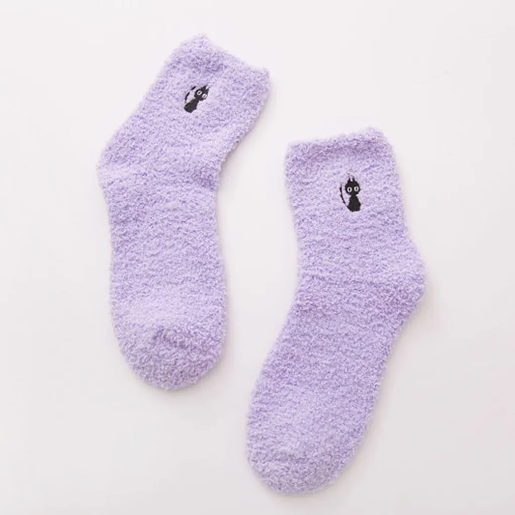 Забавные Женские носочки; хлопковые зимние Бархатные Носки-тапочки кораллового цвета с героями мультфильмов; теплые носки для сна; домашние носки; stopki skarpetki damskie;# y2 - Цвет: Фиолетовый