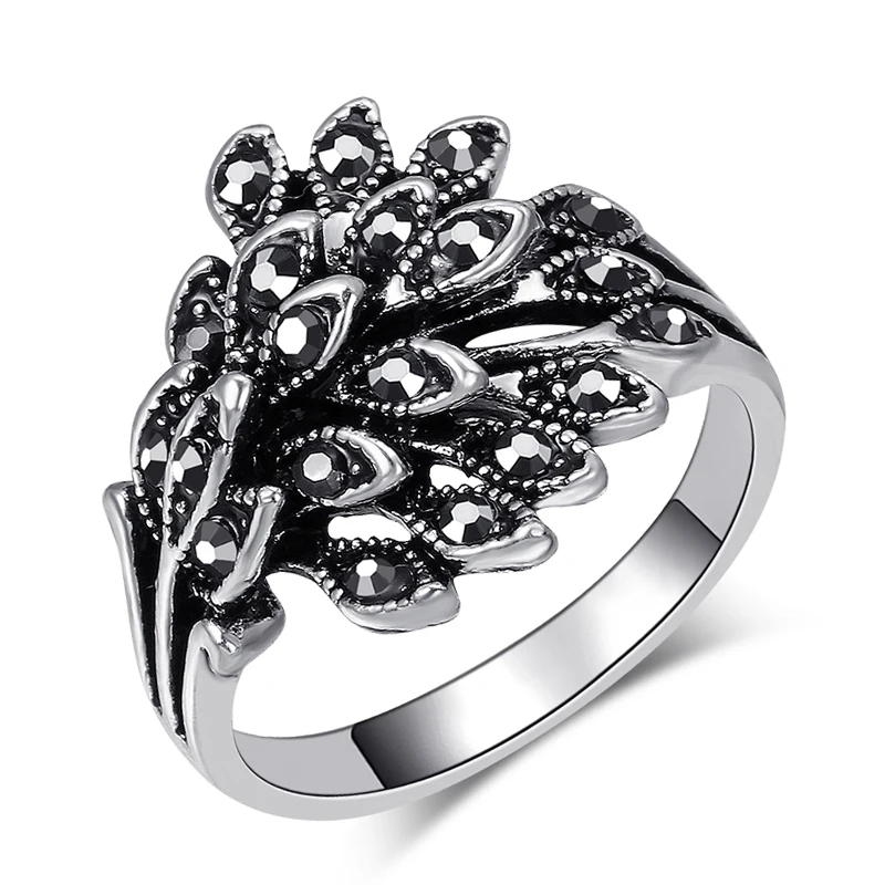 Kinel популярные Винтажные Ювелирные изделия Обручальные кольца для женщин античная серебряная мозаика черный кристалл Anillo подарок аксессуары - Цвет основного камня: Black Crystal