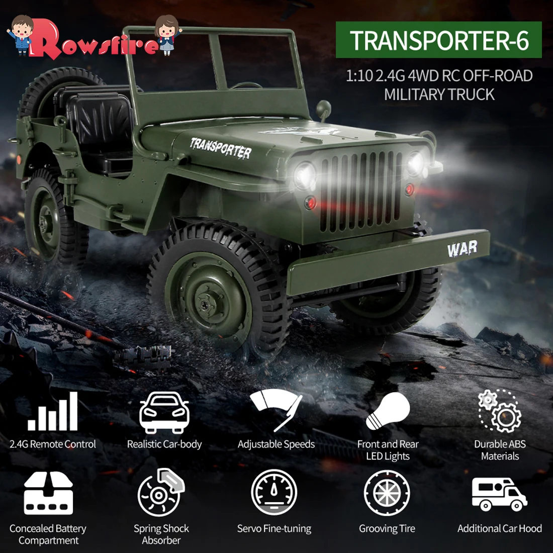 

Rowsfire 1:10 2.4g 4wd Rc Trucks Remote Control Toys Off-road Vehicle Military Climbing Rc Truck Toy For Kids- Yellow/Green/Tan