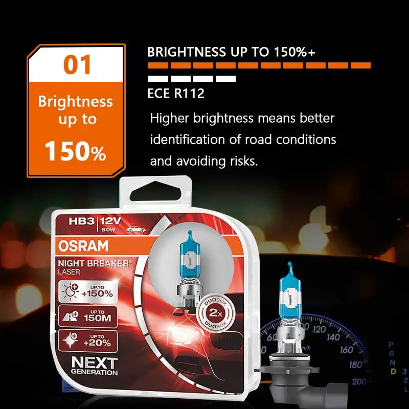 OSRAM H4 9003 12V 60/55W New Night Breaker Laser Next Generation Car  Halogen Headlight Hi/lo Beam +150 Brightness 64193NL(2 Pcs)