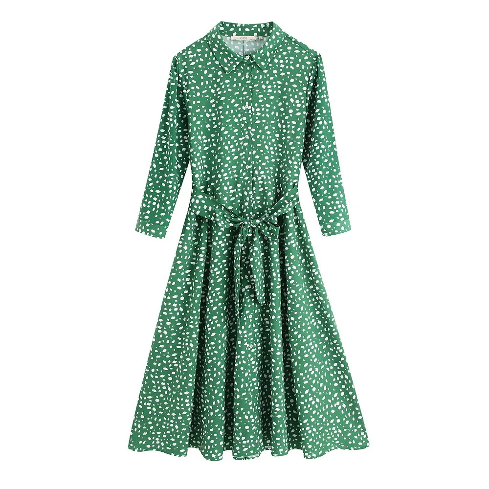 Trendy ZA Green White Dot Print Long Dress Women Boho Turn-Down Collor Belt Split Hem Design Charm Elegant Autumn Style Dress