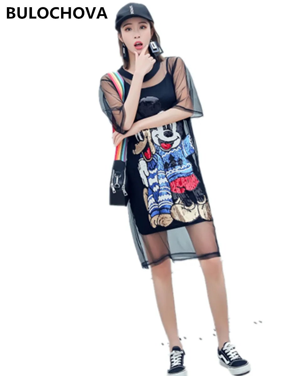

Ladies Print Sequins Mesh 2 Pieces Set Dress 2019 Newest Summer Cut Cartoon Mickey Design Women's T-Shirt Dress Suit with Lining