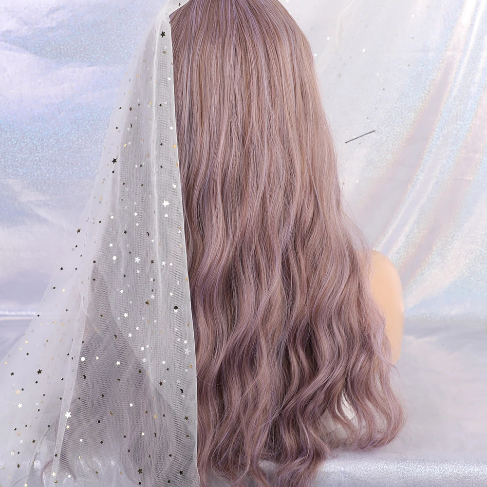 Synthetic Long Body Wavy Natural Hair Wigs With Bangs For Black Women Mixed Purple Cosplay Wigs Heat Resistsnt Fiber Wigs