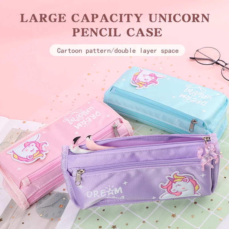 

Cute unicorn fabric pencil bag kids like side open zipper pencil case