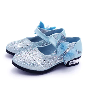 

2020 Princess Kids Leather Shoes For Girls Flower Casual Glitter Children High Heel Girls Shoes Butterfly Knot Blue Pink Silver