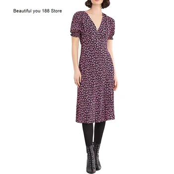 

Elegant socialite French retro printed bubble sleeve purple dress 2020 summer slim floral skirt Medium-length dress
