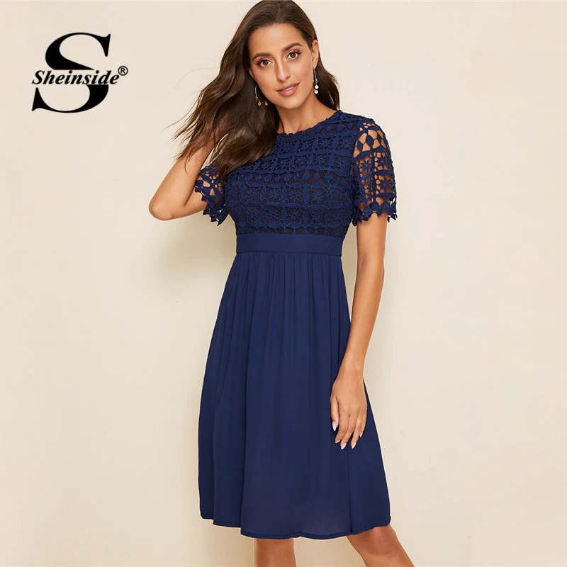 

Sheinside Elegant Contrast Guipure Lace A Line Dress Women 2019 Summer Hollow Out Pleated Dresses Ladies Solid Midi Dress