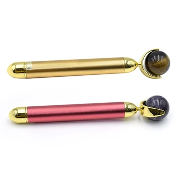 

2 Pcs Facial Massage Electric Jade Roller Body Skin Face Massager, Rose Red Amethyst & Gold Rod Tiger Eye Stone Style