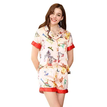 

Silk Pajamas Ladies Spring Short Sleeve Home Pajamas 2 Pcs set Woman Simulation Silk Pink Print Sleepwear 2 piece set
