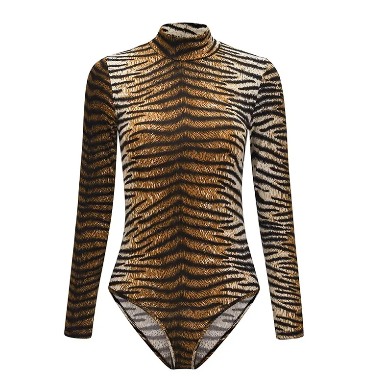 Tiger pattern Леопардовый боди для женщин, сексуальный облегающий костюм, водолазка с длинным рукавом, комбинезон с принтом, комбинезоны - Цвет: Tiger pattern