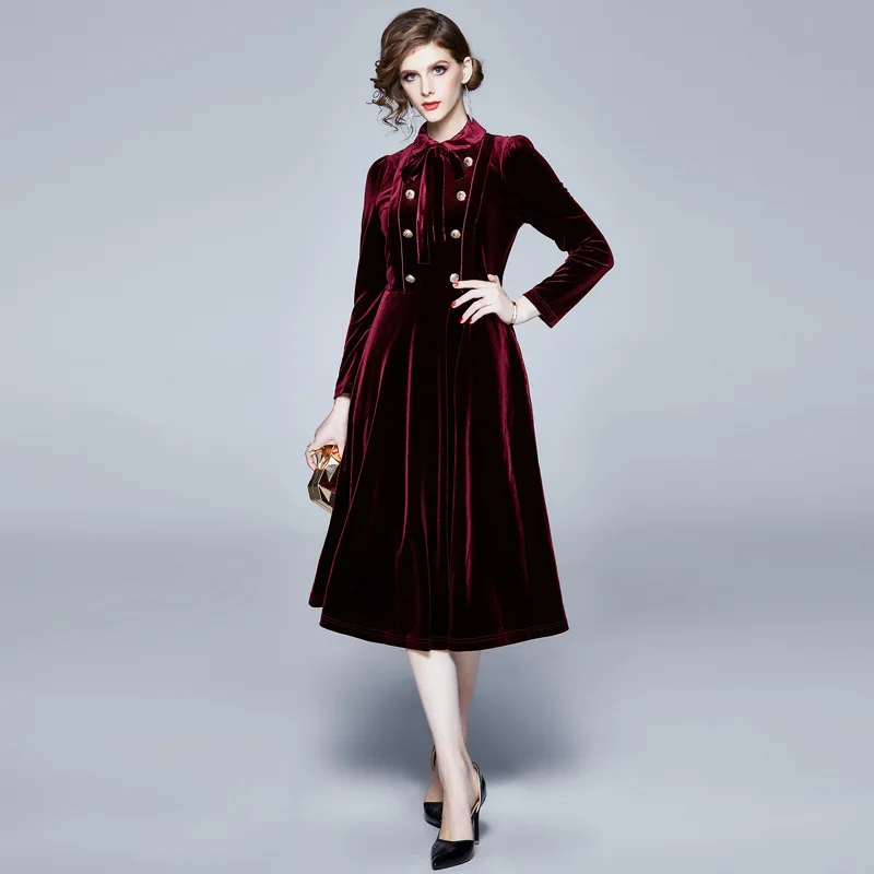 

Europe And America 2020 Spring New Style WOMEN'S Dress Military Double Breasted Velvet Dress Thick Medium-length Dress Luxury