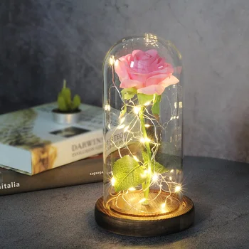

Beauty And The Beast Red Rose In A Glass Dome On A Wooden Base For Valentine's Christmas Mother's Day Gifts LED Rose Lamps