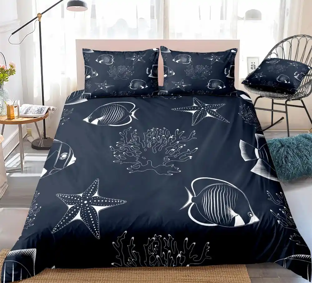 3pcs Coral Duvet Cover Set Fish Quilt Cover Starfish Home Textiles