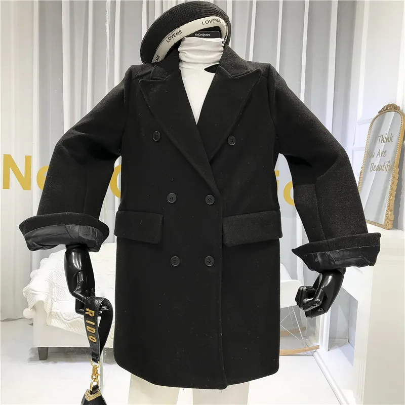 Двубортное зимнее пальто для женщин Abrigos Mujer Elegante отложной воротник на пуговицах однотонный Блейзер Куртка Теплый Толстый черный