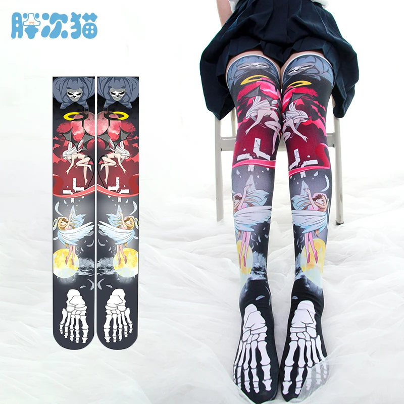 

Japanese Girls Dark series The abyss of loss Anime Pattern Print Stockings Lolita Velvet Overknee Cosplay Overknee Stockings