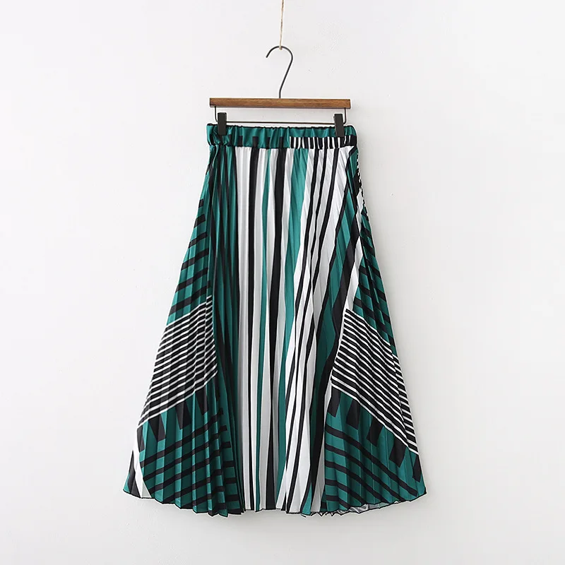 

2018 Western Style Spring And Summer Women's Dress New Style Geometry Color Stripes Printed Pleated Skirt