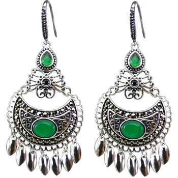 

925 sterling silver earrings for women inlaid green natural stone retro national style tassels thai silver Drop earring Jewelry