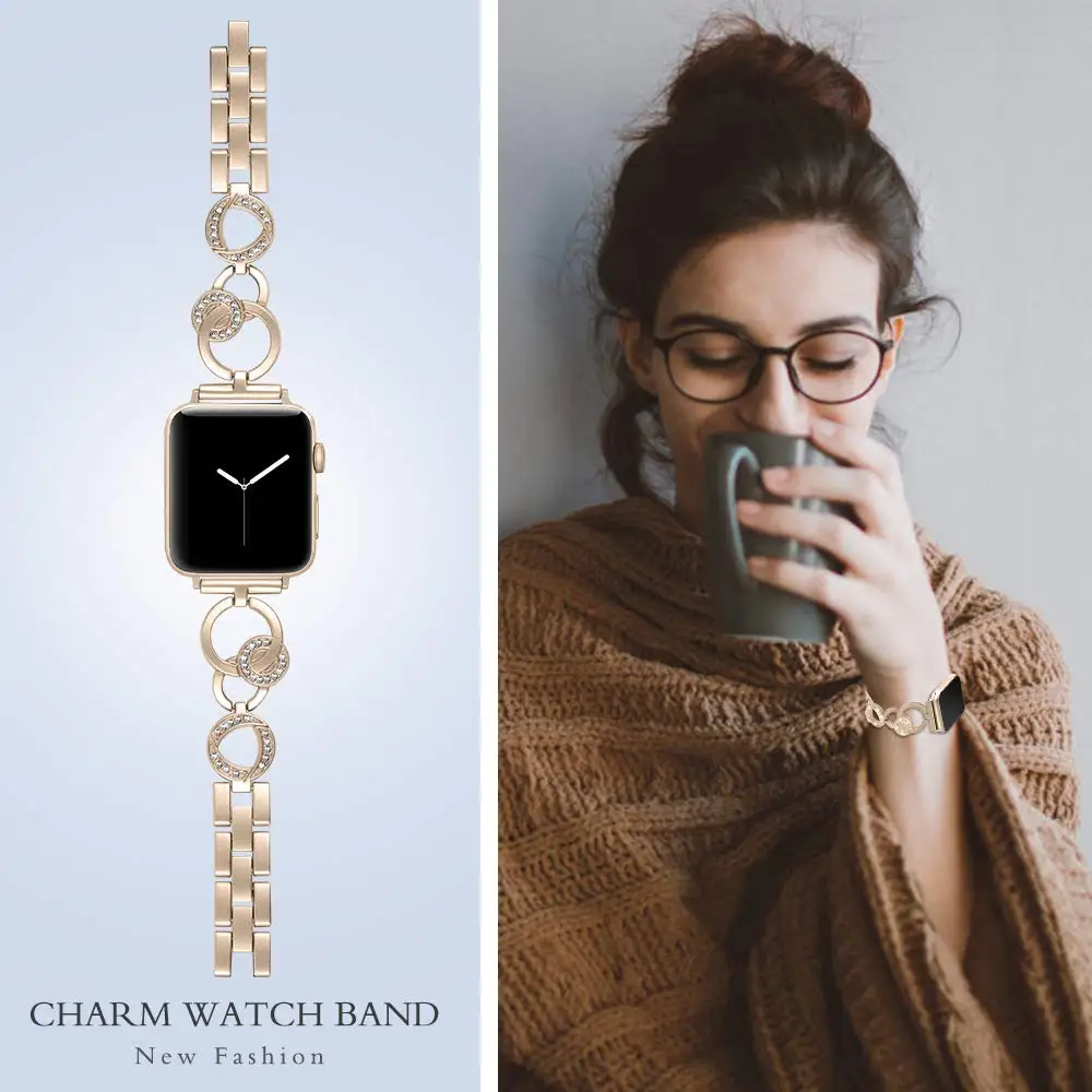 Женский бриллиантовый ремешок для Apple Watch, ремешок 38 мм, 42 мм, сменный ремешок из нержавеющей стали для iWatch, ремешок 40 мм, 44 мм, серия 5, 4, 3, 2, 1