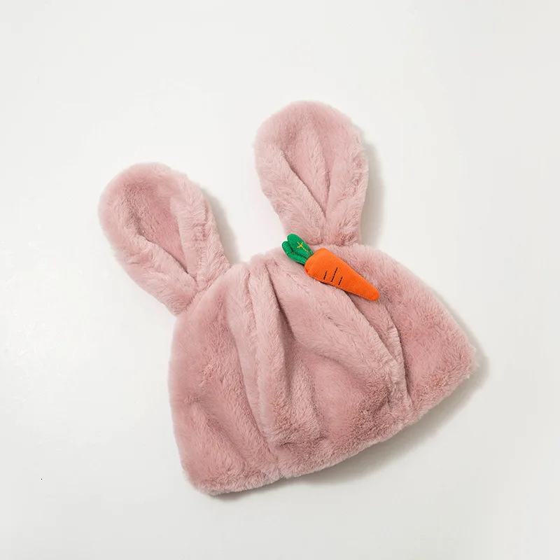 Pink Милые шапки с заячьими ушками, женские Зимние флисовые теплые меховые шапки s Beanie, одноцветные зимне наушники шапка, милые женские уличные снежные шапки для девушек - Цвет: Pink