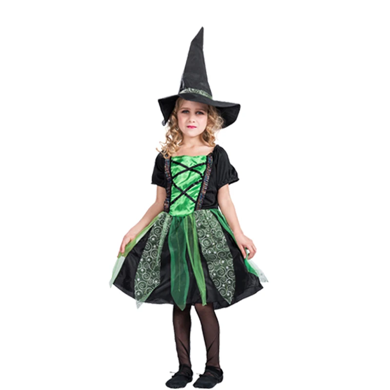 SNAILIFY страшные черные ведьмы косплей костюм на Хэллоуин для детей девушки ведьмы платье шляпа карнавал вечерние группа Необычные платья - Цвет: Green