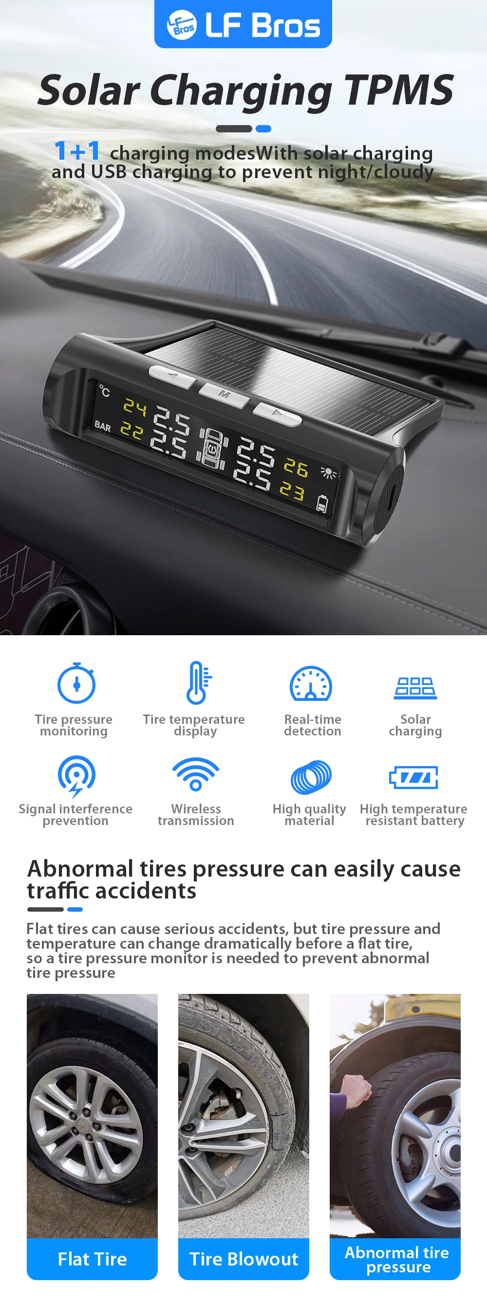 car display screen LF Bros TPMS Sensor Solar Power Digital Car Tire Pressure Monitoring System Tyre Tension Check Auto Security Alarm LCD Screen flip down tv for car