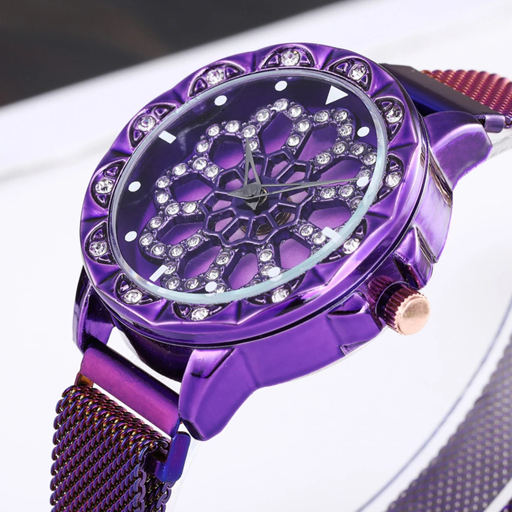 

Quartz Wrist Watch Women's Rotating Watch Diamond Watch Lady Magnet Buckle Milan Belt