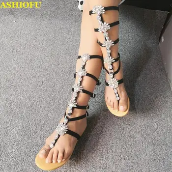 

ASHIOFU Handmade Ladies Flat Sandals Buckle Straps Crystals Back-to-school Party Summer Shoes Real Photos Fashion Sandals Shoes