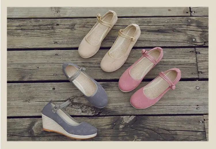Chinese Style Button Strap Wedge Pumps for Women Retro Cotton Summer Shoes Ladies Dress Espadrilles Vintage Female Sandals