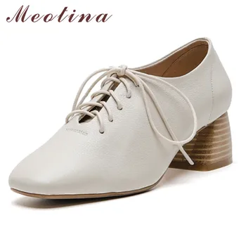 

Meotina Women Shoes High Heels Natural Genuine Leather Thick High Heels Casual Shoes Cow Leather Round Toe Shoes Lady Autumn 39