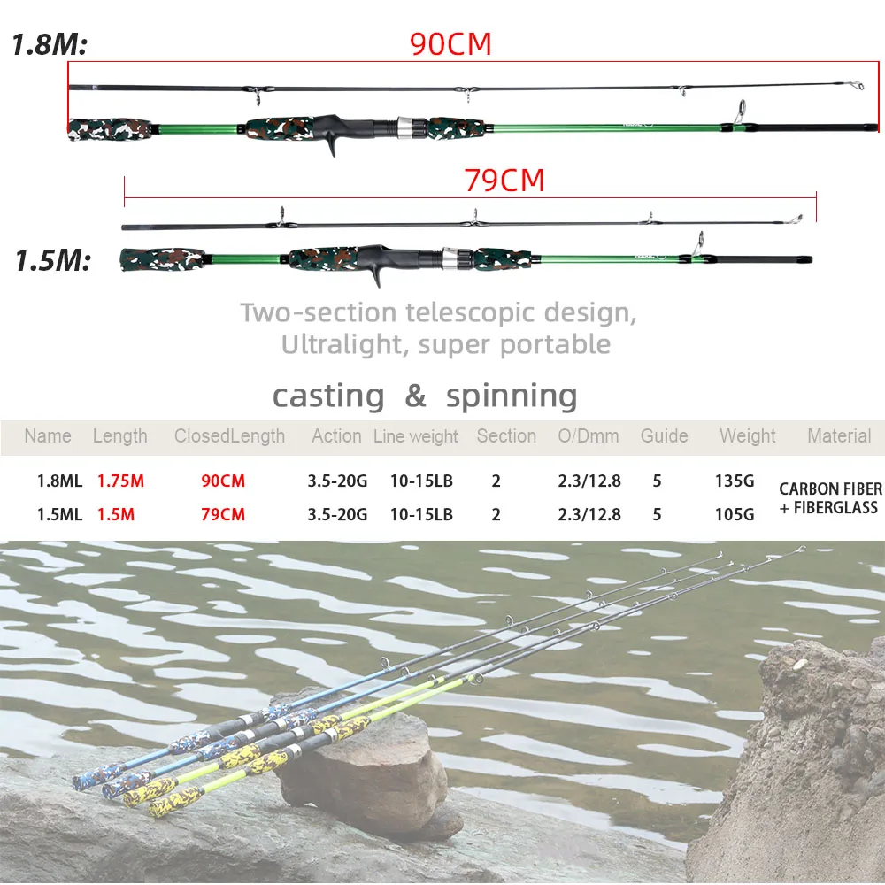 Spinning Casting Hand Lure Fishing Rod Pesca Carbon Pole Canne Carp Fly Gear Reel Seat feeder Ultralight Mini Travel Surf 1.8M