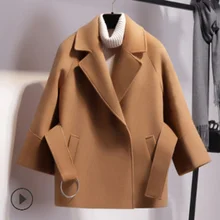 Женское Короткое шерстяное пальто с поясом, куртка с длинным рукавом, повседневные короткие топы с карманом, осенне-зимние пальто, пальто верблюжьего и черного цвета